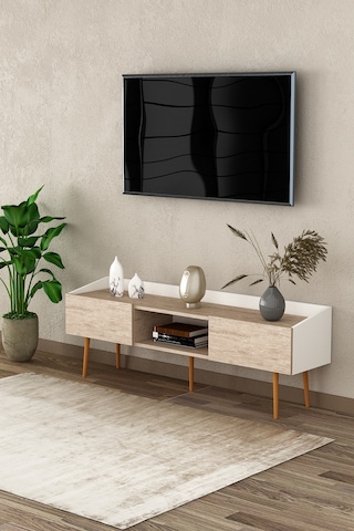 Asra Trend Tv Ünitesi Tv Sehpası T-28 %100 MDF Ayaklı Modern Medya Ünitesi Beyaz - Sidon