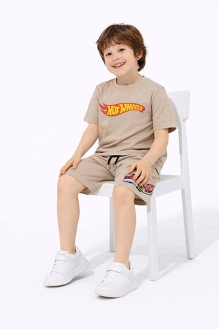 Miniko Kids Erkek Çocuk Hot Wheels Modelli Pamuk Şortlu Takım Bej