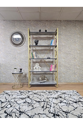 Gold Boyalı Kitaplık - 5 Raflı Suntalem Lüks Kitaplık Marmol Çok Renkli