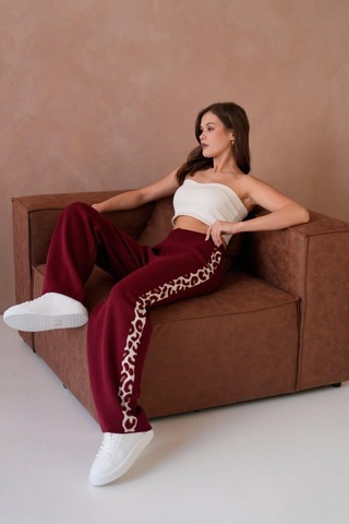 Relax Mode Kadın Leopar Şerit Detaylı Örme Pantolon - 12026r Bordo