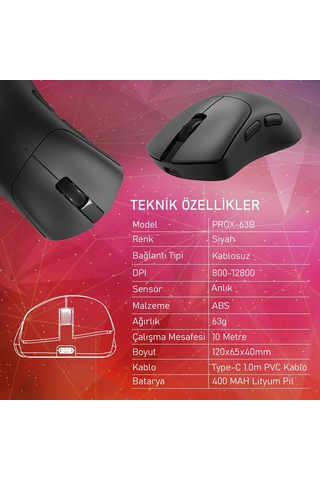 Gameagle PROX-63B Ultra Hafif Kablosuz 3 Mode Optik Oyuncu Mouse