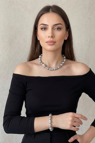 Gri Barok İnci Kolye Bileklik Set Gümüş