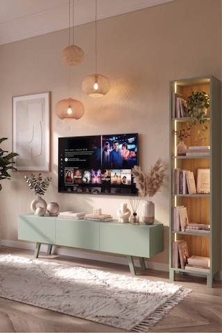 Yurudesign Puda 3 Kapaklı Tv Ünitesi Neon Ledli Kitaplık Seti 180cm Ahşap Ayaklı Ihlamur Yeşili Pd1-sy