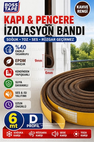Kapı Pencere İzolasyon Bandı 6 Metre D Profil Epdm Kauçuk Kendinden Yapışkanlı Isı Ses Toz Rüzgar Ya
