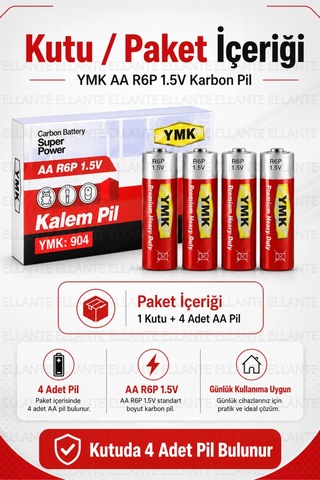 Ymk Aa R6p 1.5v Karbon Kalem Pil 4'lü Paket Kumanda, Saat, Oyuncak Ve El Feneri İçin Ekonomik Pil