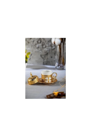 Sena Yonca Desenli Porselenli 4 Parça Altın Renk Fincan