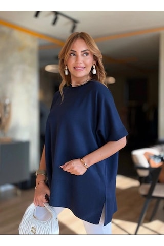 Zennamoda Kadın Bisiklet Yaka Kısa Yarasa Kollu Yanları Yırtmaçlı Oversize Dökümlü Merserize Bluz Lacivert