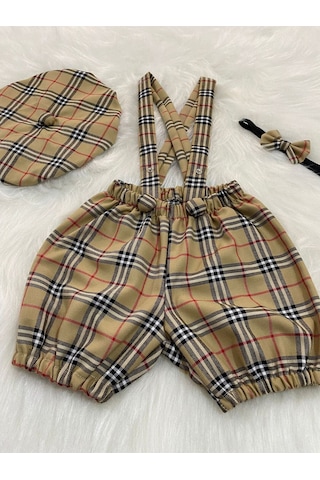 Eylülce Butik Bej Ekose Çocuk Askılı Şort Salopet & Ressam Şapkası & Papyon - Pasta Patlatma-doğum Günü