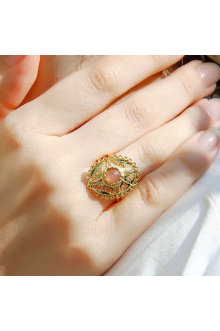 Doğal Taş Pembe Kuvars Doğal Taşlı Telkari Modelli Kadın Ayarlanabilir Altın Kaplama Yüzük Euy65pkg Kırmızı