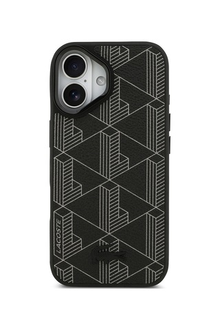 Apple Uyumlu iPhone 17 Kılıf Lacoste Lisanslı M-safeli Standlı Pu Deri Karışık Monogram Desenli Kapak Siyah Siyah