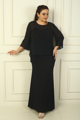 İçi İp Askılı Astarlı Uzun Sandy Elbise Arkası Düğmeli Boncuklu Şifon Bluz Büyük Beden 2'li Takım Siyah
