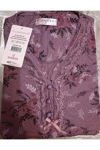 Pijamerry Kadın Dantel Yaka Bambu Uzun Kol Pijama Takımı 5205 - 1 Adet 001