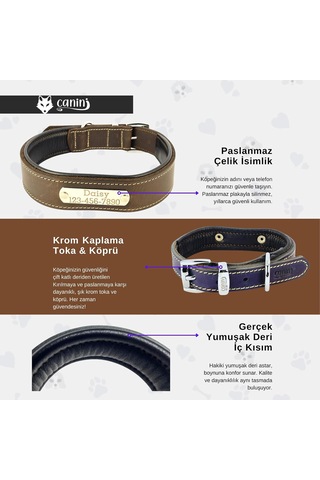 Kişiselleştirilmiş Hakiki Yağlı Deri Köpek Tasması, Yumuşak Deri Alt Kısım, Ekstra Dayanıklı Deriden Köpek Tasma, Çelik Plakalı Boyun Tasması, İsimlik Çok Renkli