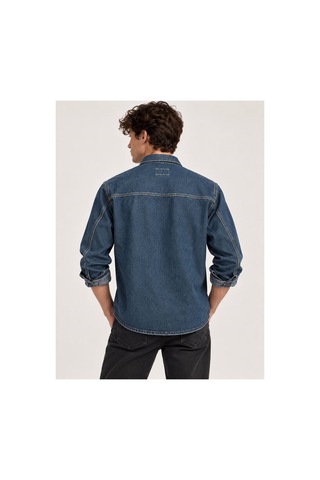 Little Cup Jeans Co Koyu Mavi Premium Tok Kumaş Çift Cep 90lar Erkek Denim Kot Gömlek Açık Mavi