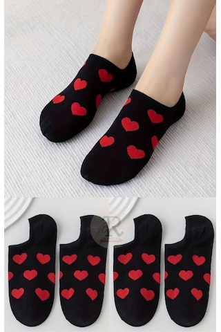 Trampler Kadın 10 Çift Kalpli Siyah - Beyaz Görünmez Babet Çorap Beyaz - Kırmızı - Siyah