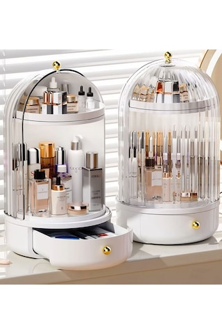 Vitrin 360 Derece Dönen Çekmeceli Raflı Kozmetik Makyaj Organizeri Standı / Takı Düzenleyici