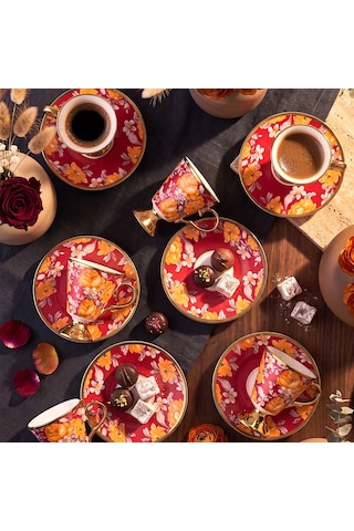 Aryıldız Begonia 12 Parça 6 Kişilik Kahve Fincan Takımı Kırmızı 100 Ml Çok Renkli