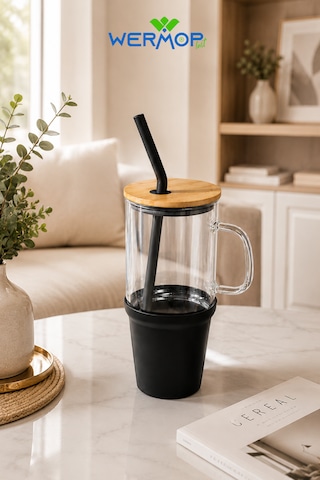 1000 Ml Cam Big Mug Bambu Kapaklı Çelik Pipetli Büyük Boy Kupa Termos Mor Siyah