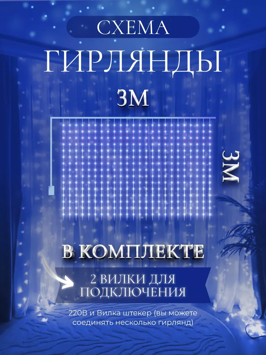 Sale Way Pencere İçin 3x3 Mavi Perde Işık Şeridi 170398470 Mavi