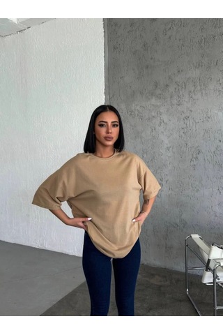 Vinevesta Kadın Düz T-shirt Kısa Kol Bisiklet Yaka Oversize Rahat Kalıp Günlük Tişört - Bej Çok Renkli
