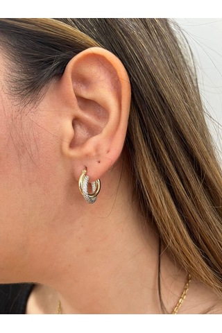 Altın Nesil 14 Ayar Altın Beyaz Kumlu Çift Halka Yuvarlak Küpe Sarı Altın