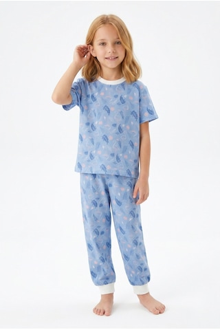Bunny Hopp Kız Çocuk Pijama Takımı %100 Pamuk Flamingo Desenli Yazlık Kısa Kollu Mavi
