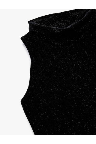 Koton Kolsuz Slim Fit Balıkçı Yaka Simli Crop Kadife Top Siyah 6wak10058ek Siyah