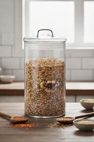 1700 Ml Cam Kavanoz Kapaklı Bakliyat, Baharat & Kuru Gıda Saklama Kabı Şeffaf, Dayanıklı Cam