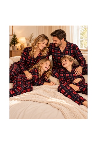Free Beka Ekose Desenli Kırmızı Uzun Kollu Önden Düğmeli Gömlek Yaka Aile Pijama Takımı Kombini Lacivert