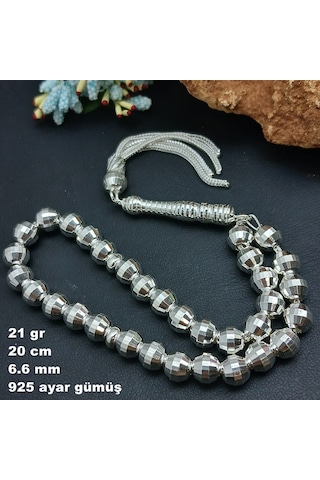 925 Ayar Gümüş Tesbih Yuvarlak Kesim Kare Kalem İşlemeli Orta Boy