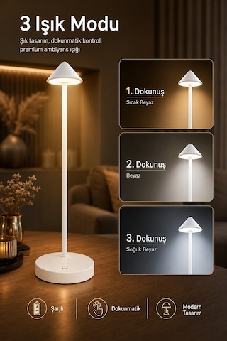 Şarjlı Usb'li Led'li Siyah Gece Lambası 3 Farklı Işık Modlu Dokunmatik Dimmerli Dekoratif Metal Masa Lambası