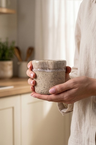 Must Bej/beyaz Stoneware El Yapımı Mug Fincan 2li Set 8639 Bej Beyaz
