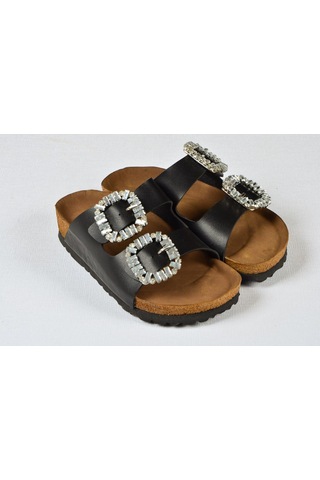 Kız Çocuk Mantar Tabanlı Çift Tokalı Ortopedik Birkeen Arizona Taşlı Terlik Siyah