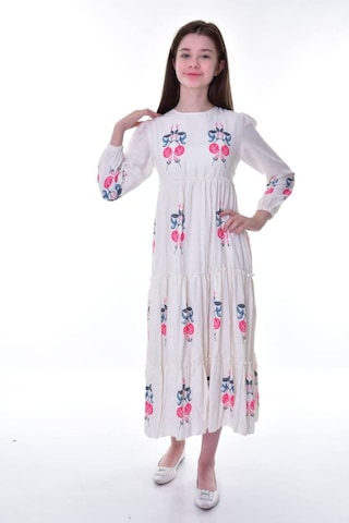 Kız Çocuk Pamuklu Keten Uzun Boydan Astarlı Elbise Kırmızı-krem