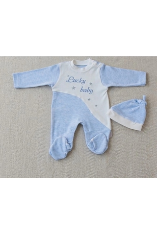 Biçomi Lucky Baby Pamuklu Antialerjik Kendinden Şapkalı Pratik Erkek Bebek Tulumu Mavi