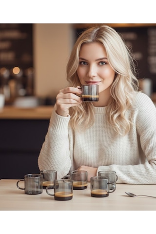 6 Lı Füme Cam Espresso Bardağı Seti Saplı Küçük Kahve Kupası Tabaksız Espresso, Latte & Çay Için Isıya Dayanıklı Füme