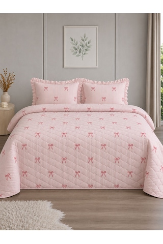 Uçkan Home %100 Pamuk Dört Mevsim Fırfırlı Çift Kişilik Pike Seti---uh-pike-03 Pembe