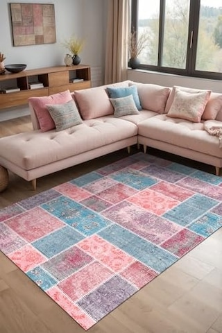 Tr Samen Patchwork Şönil Kaymaz Doğal Pamuk Tabanlı Yıkanabilir Antibakteriyel Çevre Dostu Salon Halısı 200x300 Diğer