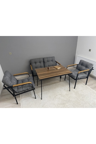 Modern Jüpiter Balkon, Bahçe, Cafe - Metal Kanepe Koltuk Takımı - 2+1+1 + Masa Antrasit Modernsh22 Antrasit