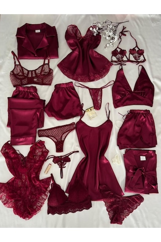Mh Moony Homewears Kutulu 16 Parça Mudodo Bordo Saten Pijama Gecelik Sabahlık Iç Giyim Çeyiz Seti Muhteşem Bordo