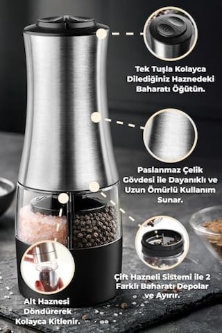 Paslanmaz Çelik Çift Hazneli Otomatik Tuz Karabiber Öğütücü Pilli - Metalik Diğer