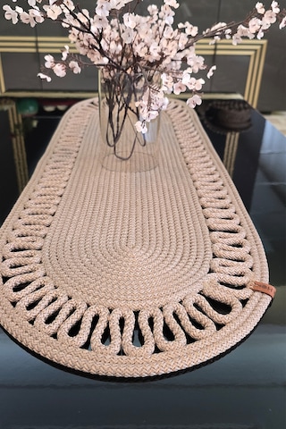 Dekoratif Örgülü 35x100 Cm Runner Şık Masa Orta Sehpa Üstü Dekoratif Sofra Aksesuarı Vizon