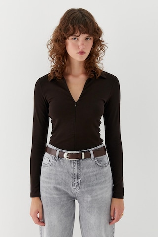 Polo Yaka Önden Gizli Fermuarlı Bluz Acı Kahve Acı Kahve