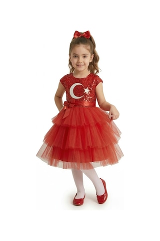 Mnk Baby & Kids Ay Yıldız Motifli Kız Çocuk 23 Nisan Elbisesi M00813 Kırmızı
