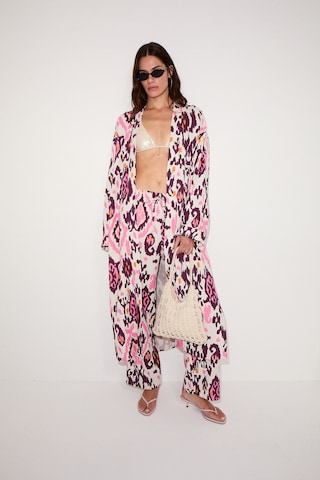 Grımelange Narvena Kadın Keten Karışımlı Baskı Detaylı Rahat Kalıp Pembe Baskılı Kimono