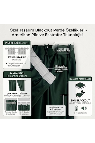 Blackout Karartma 1/2 Amerikan Pileli Fon Perde Koyu Yeşil