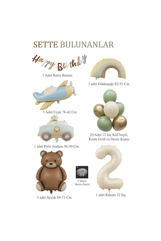 Retro 2 Yaş Doğum Günü Seti Uçak - Araba - Gökkuşağı - Ayıcık Ve 20 Adet Lateks Balon Set Çok Renkli