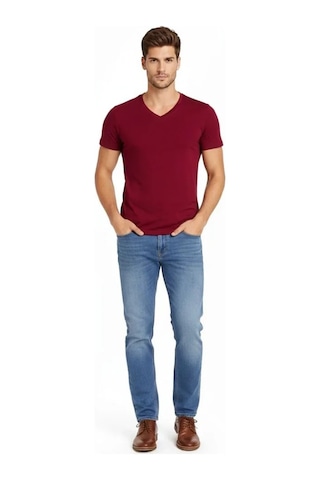 Efnaz Style Erkek T-shirt V Yaka Slim Fit Dar Kesim Likralı Tişört Günlük Basic Body - Bordo