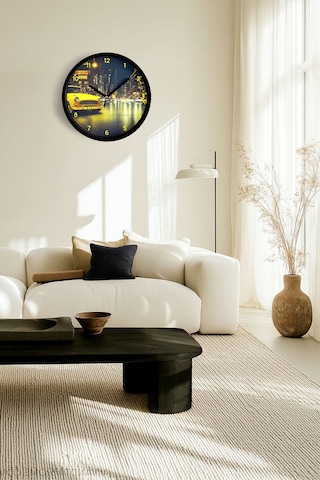 Klasik Araba Ve Gece Şehir Modern Duvar Saati - 25cm - Önü Camlı Siyah Kasa - Sessiz Mekanizma-jh0794 Siyah