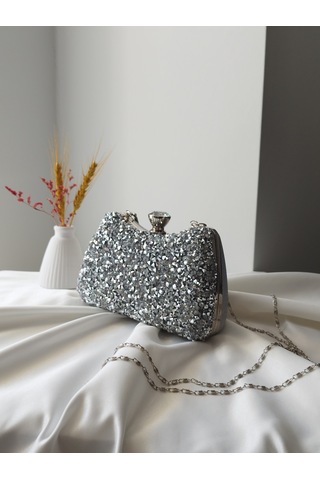 Vivazzaluxe Kristal Taşlı Kadın Abiye, Clutch Çanta Gümüş